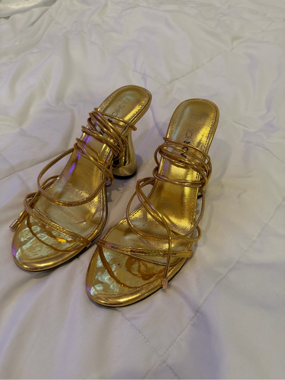 Fashion Nova Metallic Gold Strappy Heeled Sandals